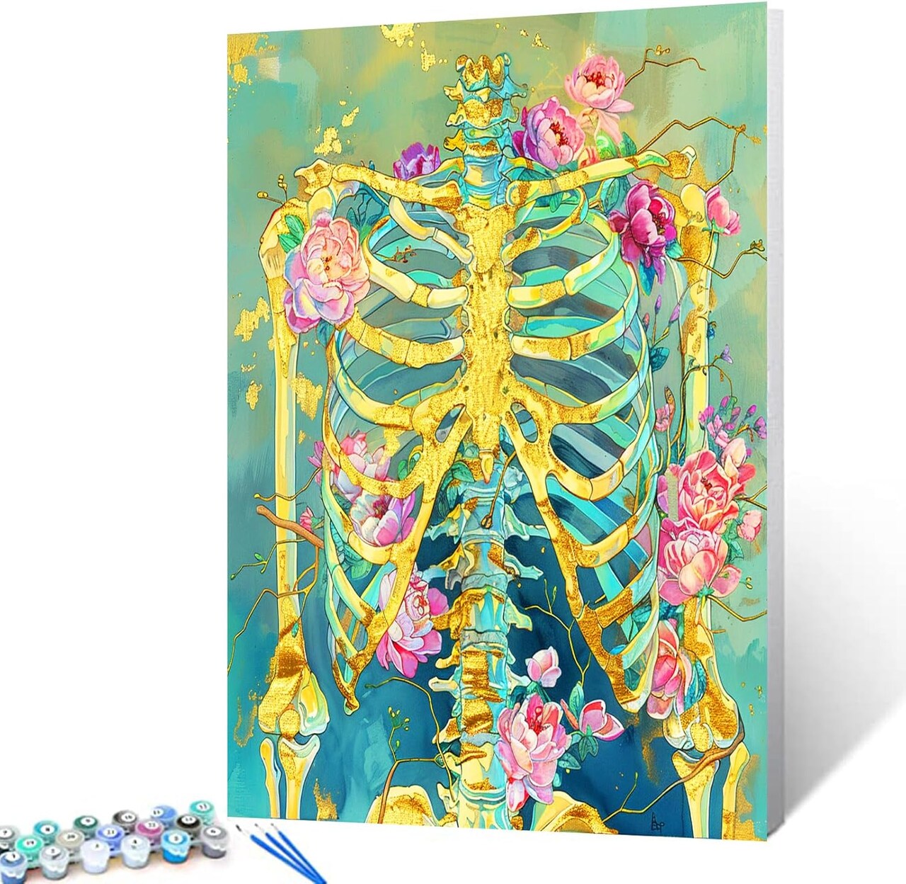 Anatomy Skeleton Paint by Numbers for Adults – Pink Flowers Bone DIY Acrylic Painting Kit on Canvas, Beginner-Friendly Paint by Number Art for Home Wall Décor, 16x2